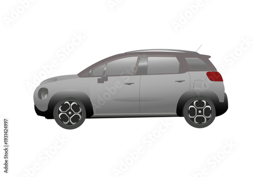 Voiture moderne de couleur grise vue de profil sur fond blanc