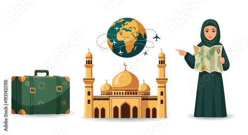 Woman in hijab travels to mosque, suitcase in hand, viewing map and globe with travel destinations nearby
