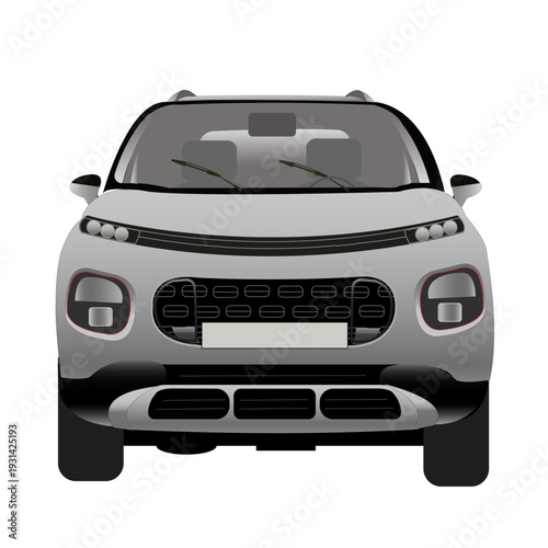 Voiture moderne de couleur grise vue de face sur fond blanc