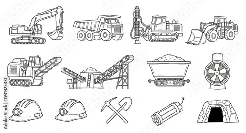 Mining Equipment and Safety Gear Icons.