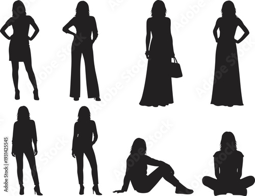 Fashion silhouette collection of women and men in diverse poses, stylish outfits, standing and seated positions, showcasing modeling references, artistic design, and creative posture variations