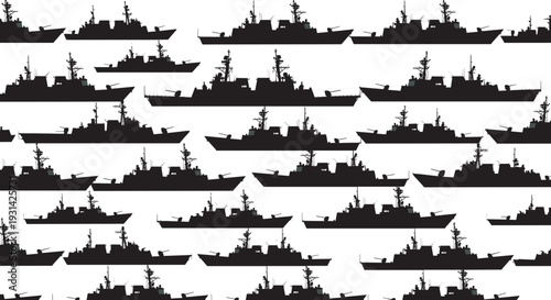 Grid of twenty-five naval warship silhouettes in uniform rows, showcasing destroyer and frigate profiles with radar masts, turrets, and military design elements for recognition and pattern use.