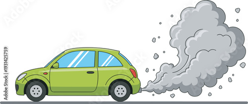 Illustration of green compact car emitting thick exhaust smoke, symbolizing vehicle pollution, environmental impact, air quality issues, and ecological awareness design concept art