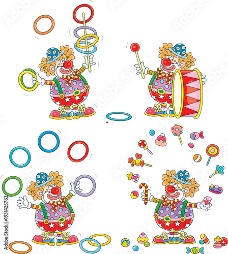 Funny red clown juggling with colorful toy hoops, sweets and candies, drumming in a big drum in a fun circus performance, a set of vector cartoon illustrations on a white background