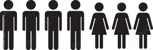 Row of seven simplified human figures, male and female icons, demographic representation, gender distribution symbols, social study illustration, isolated black silhouettes for analysis and design