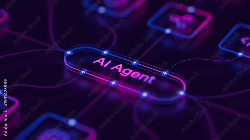 Naklejka premium AI agentic workflow automation artificial intelligence agent software interface nodes triggers data tool dashboard coding icon flow process database technology 3d rendering.
