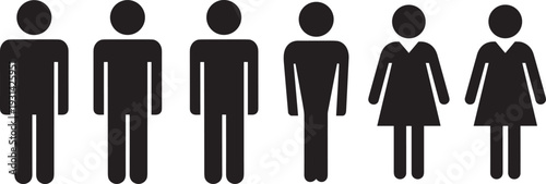 Row of six simplified human silhouettes representing male and female figures, illustrating gender distribution, demographics, and population representation for infographic, signage, and design 