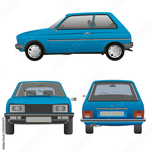 Véhicule de collection, de couleur bleue, vue de dos, de face et profil sur fond blanc