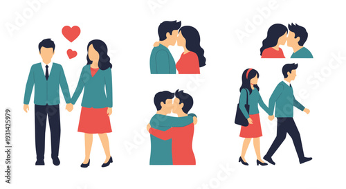 Couple holding hands and embracing in various poses and actions from different viewpoints