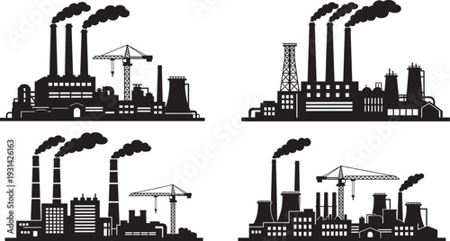 Set of four industrial factory silhouettes with chimneys, cooling towers, and cranes, illustrating heavy industry, production activity, and environmental impact for design and recognition purposes.