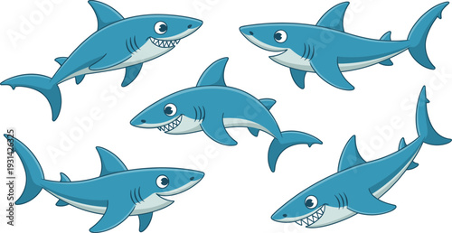 Five cartoon sharks swimming in blue water with open mouths
