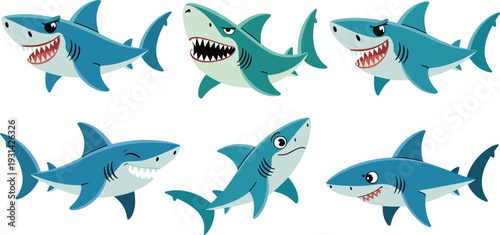 Six cartoon sharks with different expressions swimming in blue and green colors
