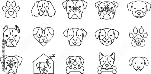 Cute dog face and paw icon set in outline style representing pets, animals, love, care and playful emotions