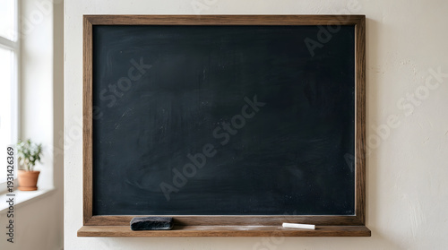 An empty blank chalkboard with white chalk in a wooden frame on a black school classroom board for education messages