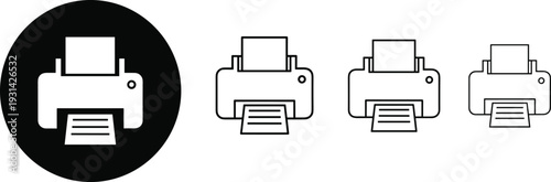 Printer icon set in solid and outline styles representing printing, office equipment, document output and digital workflow conceptsv