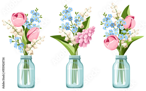 Spring flowers in blue mason jars. Pink, blue, and white tulips, hyacinth flowers, forget-me-not flowers, and lily of the valley flowers. Set of vector illustrations