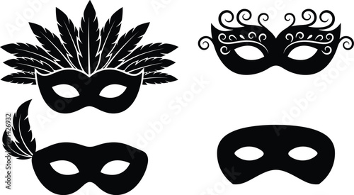 Four black and white masquerade masks with different feathered mask