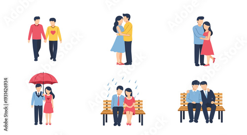 Couple walking together under umbrella on rainy day, sitting on bench, and holding hands in various scenarios, illustrated in a simple graphic style.