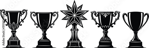Five black trophies and a star in a row star row competition
