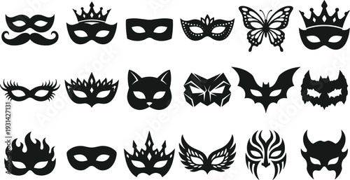 Collection of black and white masquerade and animal-themed masks