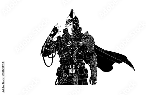 Cyber Goth and Future Medieval Fashion Silhouette, Avant Garde Urban Techwear Character Design Vector Art