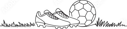 football boots and soccer ball on the grass field illustration. one line art icon drawing vector