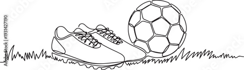 football boots and soccer ball on the grass field illustration. one line art icon drawing vector