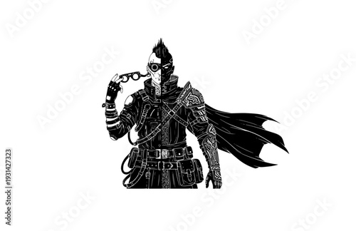 Cyber Goth and Future Medieval Fashion Silhouette, Avant Garde Urban Techwear Character Design Vector Art