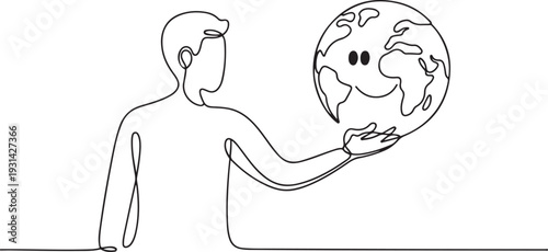 Continuous one line drawing. person holding in hand a world map shape with a cheerful face illustration. one line art icon drawing vector