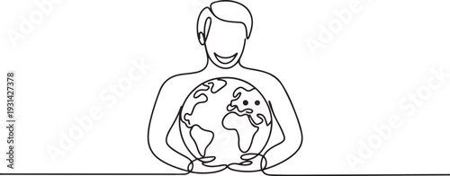Continuous one line drawing. person holding in hand a world map shape with a cheerful face illustration. one line art icon drawing vector