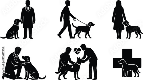 Silhouettes of people interacting with dogs in various scenarios