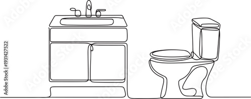 Continuous one line drawing of Washbasin cabinet and flush toilet. one line art icon drawing vector