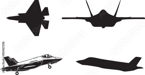 F-35 Lightning II Stealth Fighter Military Combat Jet Silhouette Vector Set – EPS10 Isolated on Transparent Background