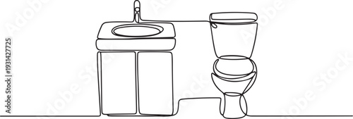 Continuous one line drawing of Washbasin cabinet and flush toilet. one line art icon drawing vector