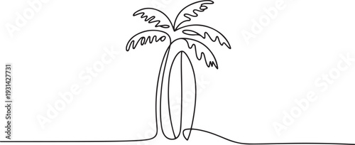 Continuous one line drawing of palm tree above the surf longboard. Surfboard and palms tree single outline vector illustration. one line art icon drawing vector
