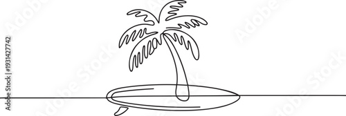 Continuous one line drawing of palm tree above the surf longboard. Surfboard and palms tree single outline vector illustration. one line art icon drawing vector