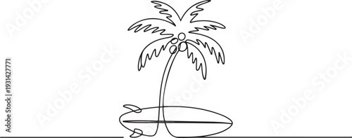 Continuous one line drawing of palm tree above the surf longboard. Surfboard and palms tree single outline vector illustration. one line art icon drawing vector