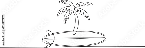 Continuous one line drawing of palm tree above the surf longboard. Surfboard and palms tree single outline vector illustration. one line art icon drawing vector