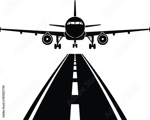 Black and white airplane landing on a runway with landing gear deployed