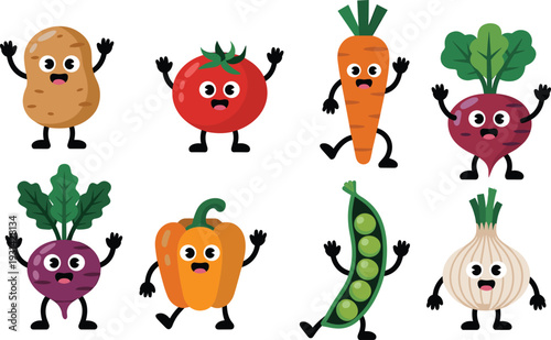 Colorful cartoon vegetables with expressive faces and arms dancing