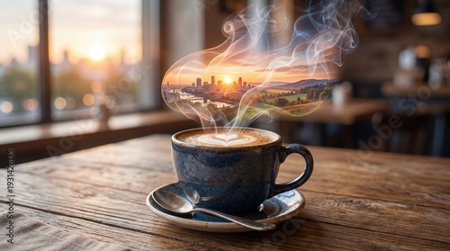 A cup of coffee on a wooden table with steam forming a surreal landscape of a city skyline and countryside at sunrise, symbolizing imagination, inspiration, and morning energy in a cozy cafe.