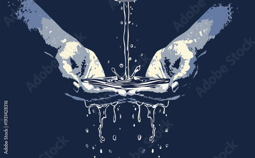 Hands cupping falling water stream for conservation concept flat vector illustration
