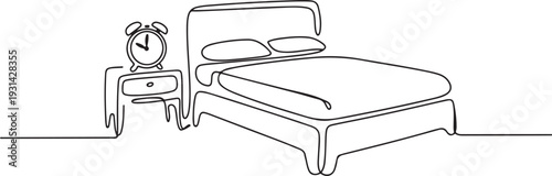Continuous one line drawing of bed and nightstand. Bed, side table, alarm clock single outline vector illustration. one line art icon drawing vector