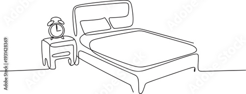 Continuous one line drawing of bed and nightstand. Bed, side table, alarm clock single outline vector illustration. one line art icon drawing vector