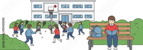 School playground scene with children playing basketball and boy reading on bench education vector illustration