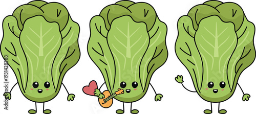 Three green lettuce characters playing musical instruments