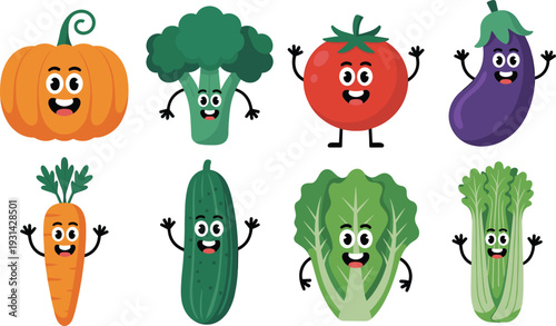 Colorful cartoon vegetables with happy faces waving arms