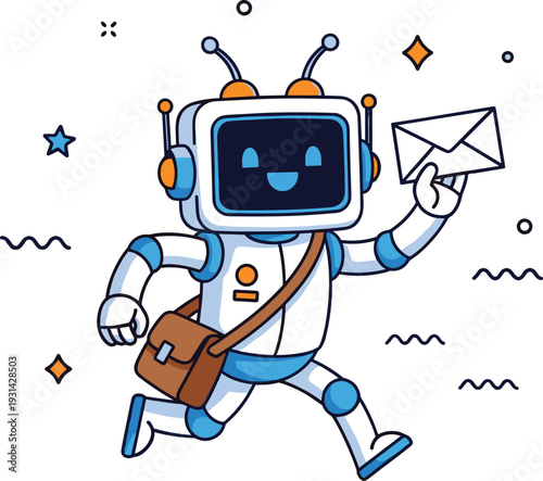 Cute robot postman delivering envelope futuristic mail service artificial intelligence character vector illustration