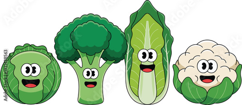 Four smiling cartoon vegetables with faces broccoli cabbage leek and cauliflower