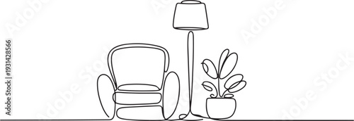 Continuous one line drawing of armchair, floor lamp and house plant. Armchair, flloor lamp and potted plant single outline vector illustration. one line art icon drawing vector
